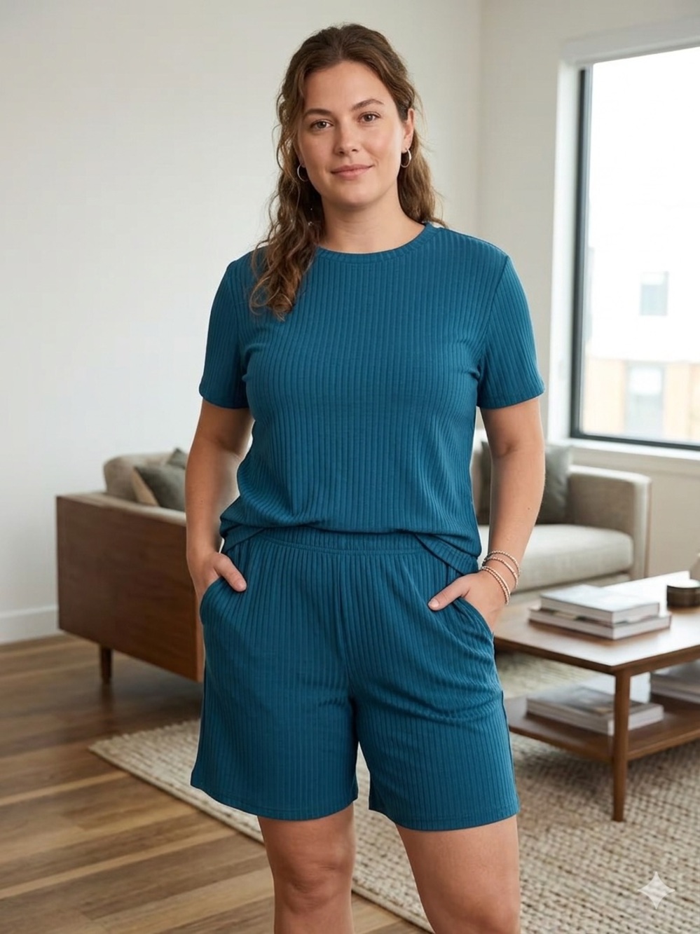 Ribbed Short Sleeve Lounge Set — Teal